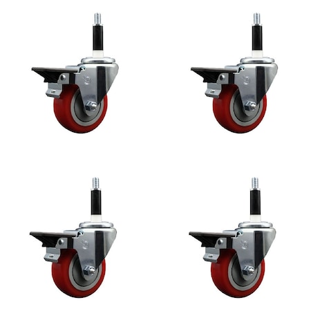 Service Caster 3.5'' Red Poly Swivel 7/8'' Expanding Stem Caster Set with Brake, 4PK SCC-EX20S3514-PPUB-RED-PLB-78-4